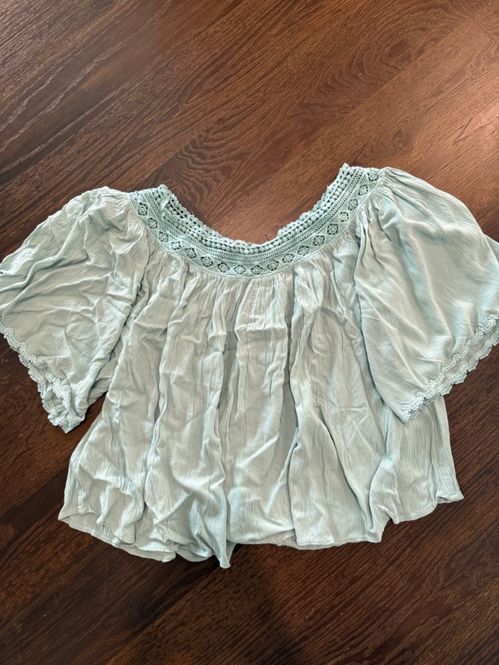 Anthropologie Pale Blue Off-the-Shoulder Crochet-Trim Top